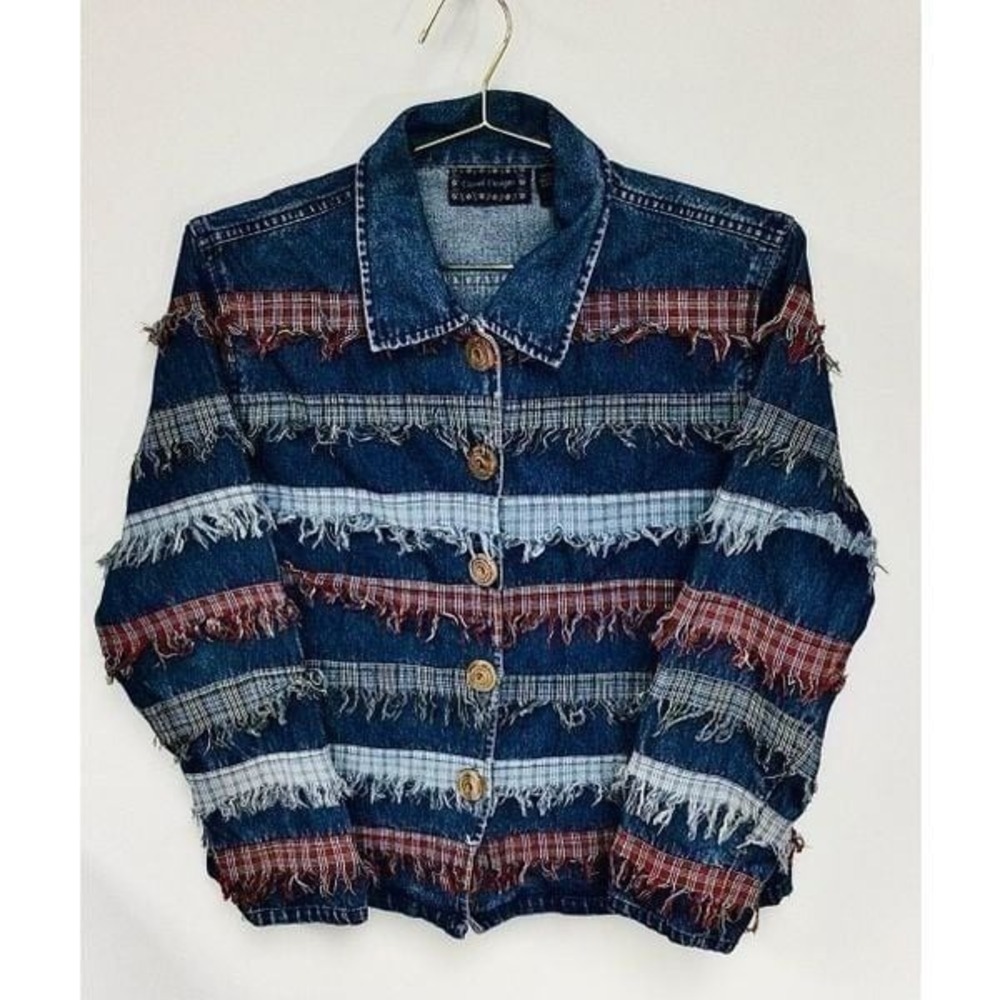 Vintage Casual Designs Women's Blue‎ Fringed Layers Strips Denim Jacket Medium
